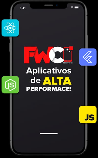 Aplicativo mobile desenvolvido pela FWC Tecnologia exibido em um smartphone